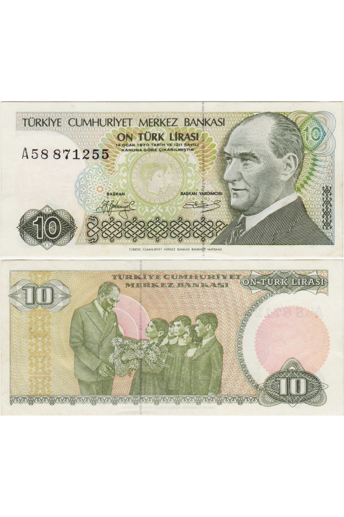 Banknoting TÜRKİYE CUMHURİYETİ 7. EMİSYON 1. TERTİP 10 LİRA SERİ A58 KISA KAŞ. ÇİLALTI++ KONDİSYON.