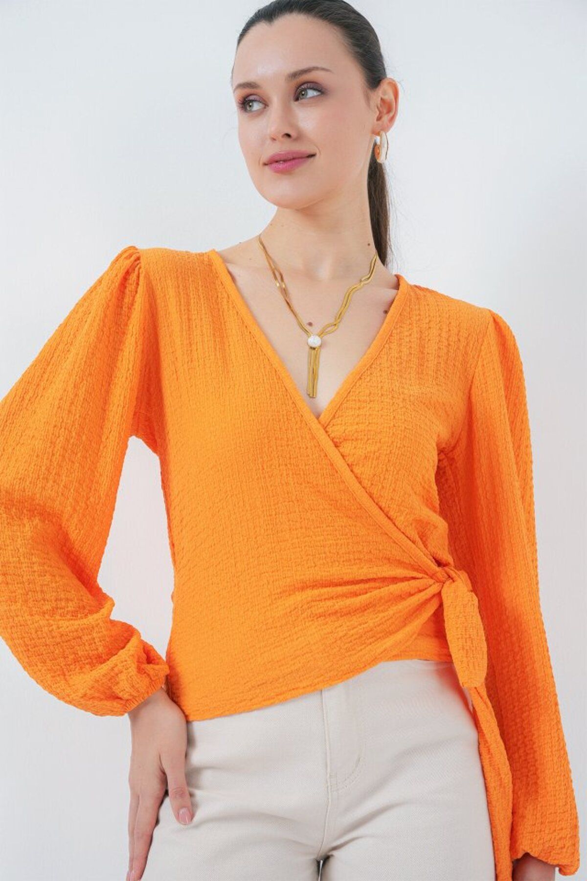 ETİLER COLLECTION 0441 Anvelop Örme Bluz - Turuncu