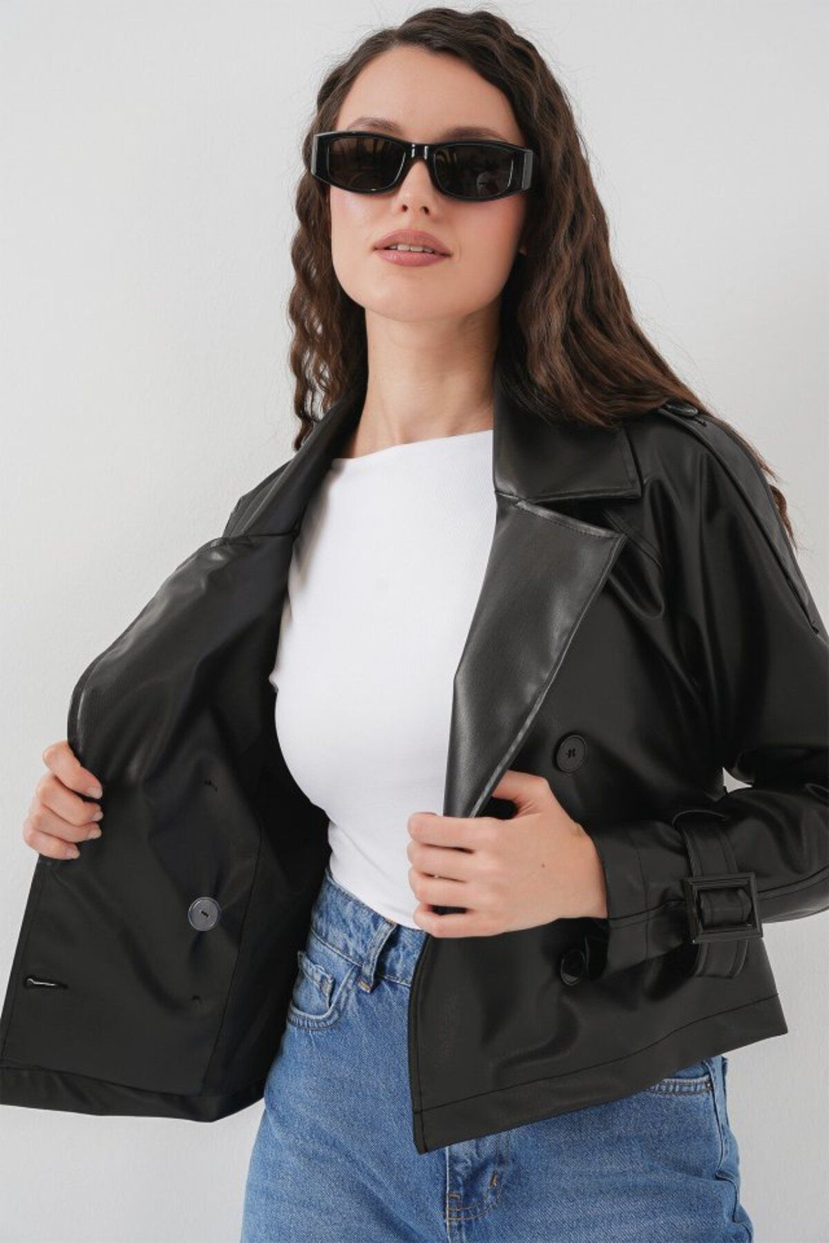 ETİLER COLLECTION Kemerli Siyah Suni Deri Ceket 0698