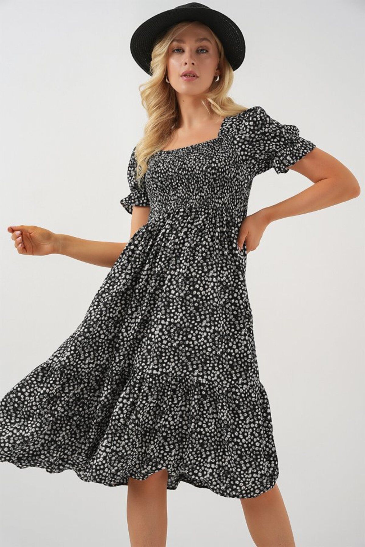 ETİLER COLLECTION Kısa Kol Çiçekli Elbise 2556 - Siyah