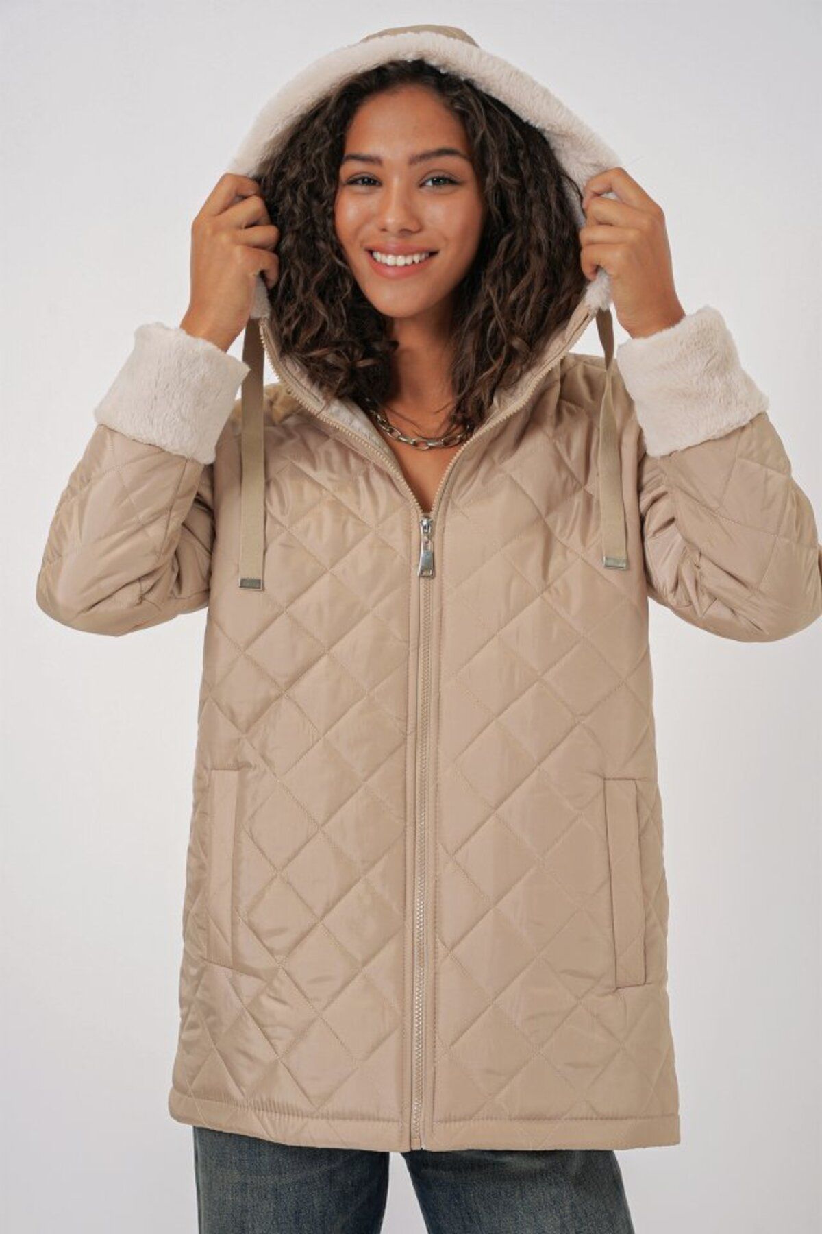 ETİLER COLLECTION 5197 Kapüşonlu Kapitone Mont - Bej