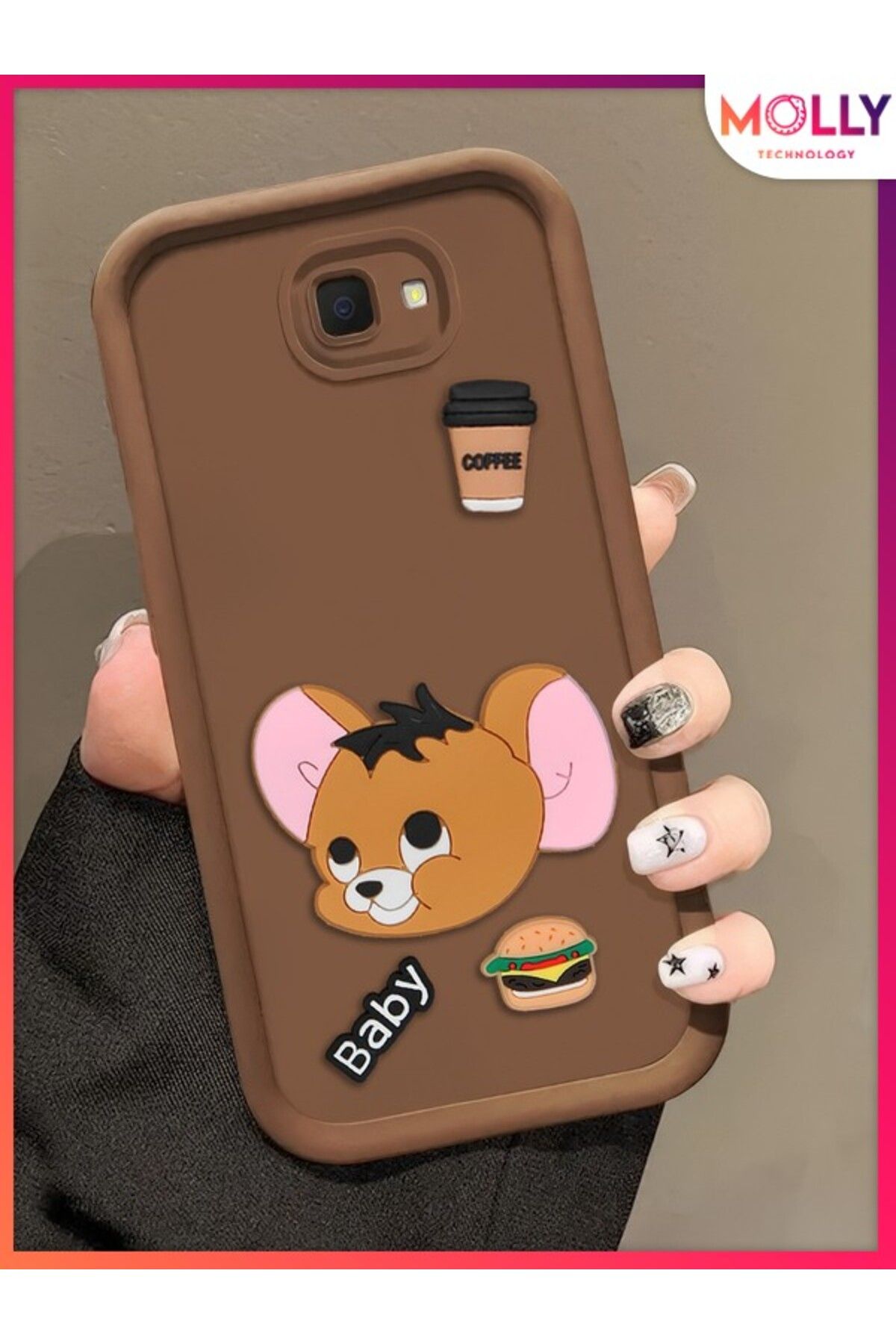Molly Samsung Galaxy J4 PLUS Için Fallow Brown Kenarları Kalın 3d Kabartmalı Baby Jerry Silikon Kılıf