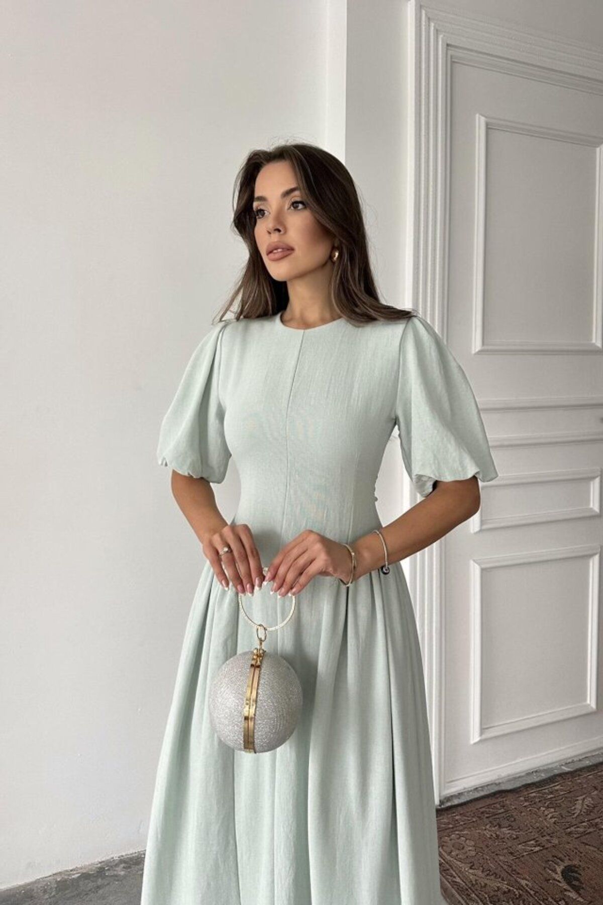 ETİLER COLLECTION Mint Arkadan Bağlamalı Büzgülü Keten Elbise