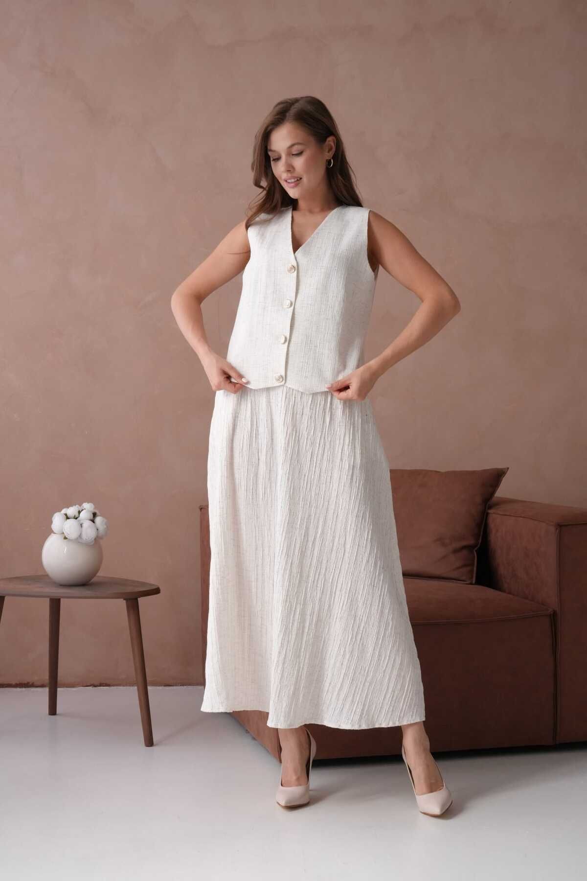 Lovely butik KADIN KOLSUZ YELEK MİDİ BOY ETEK İKİLİ KETEN TAKIM