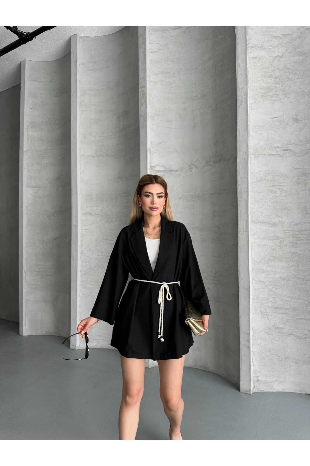 Lovely butik KADIN KUŞAK DETAYLI POLİVİSKON UZUN CEKET