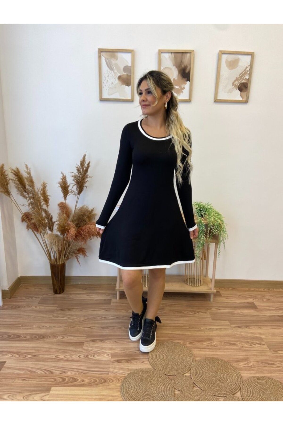 ETİLER COLLECTION Kadın Uzun Kollu Derin Yuvarlak Yakalı Kısa Viskon Iki Iplik Elbise
