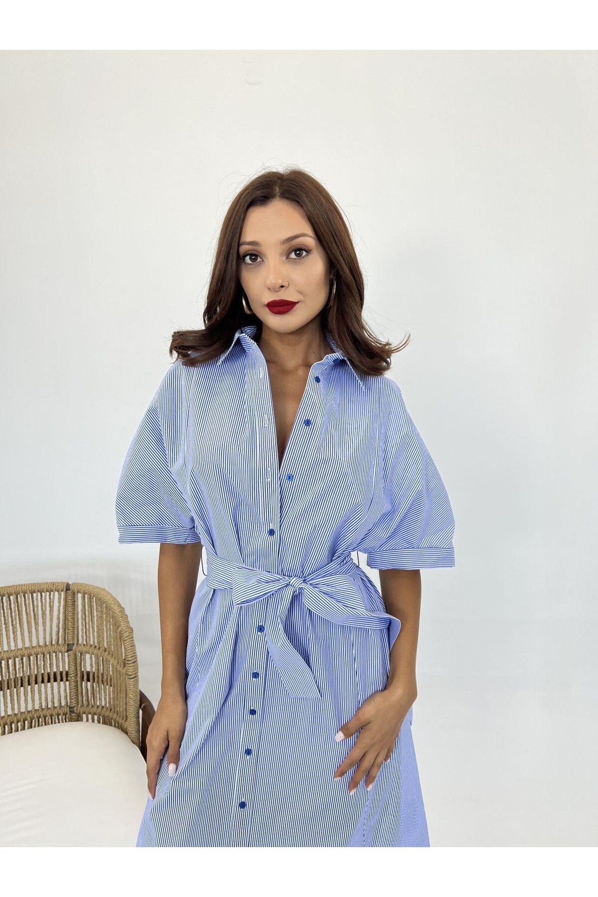 ETİLER COLLECTION 5318 ELBİSE-MAVİ BEYAZ ÇİZGİLİ