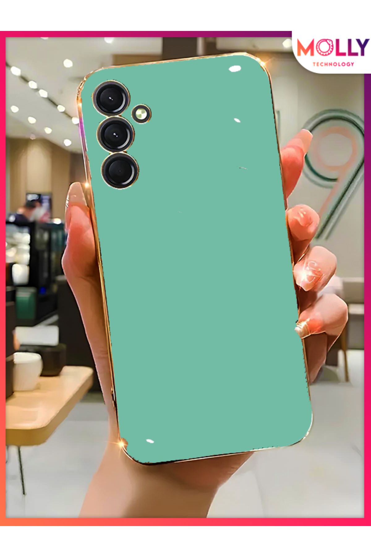 Molly Samsung Galaxy M13 İçin Su Yeşili Kenarları Gold Detaylı Lüks Silikon Kılıf