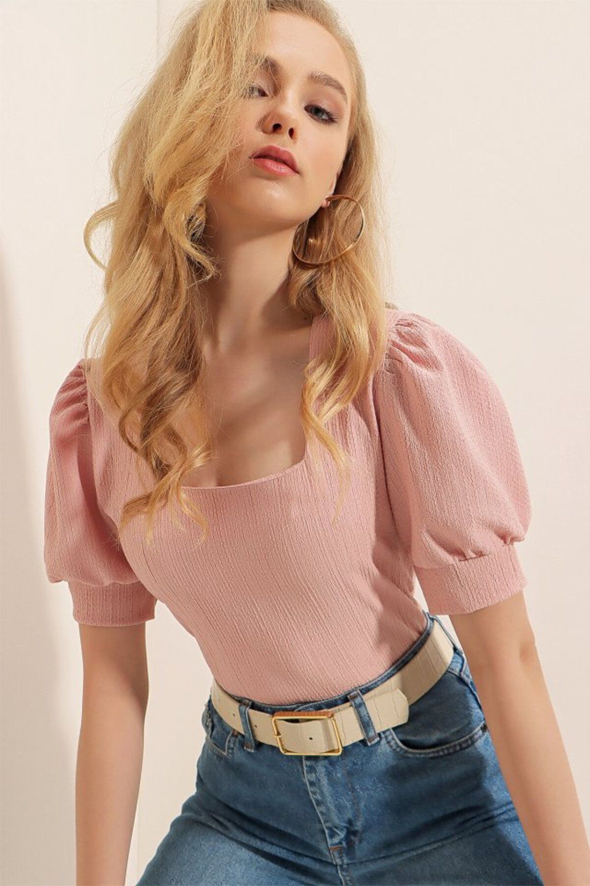ETİLER COLLECTION 0409 Kare Yaka Örme Bluz - Pudra