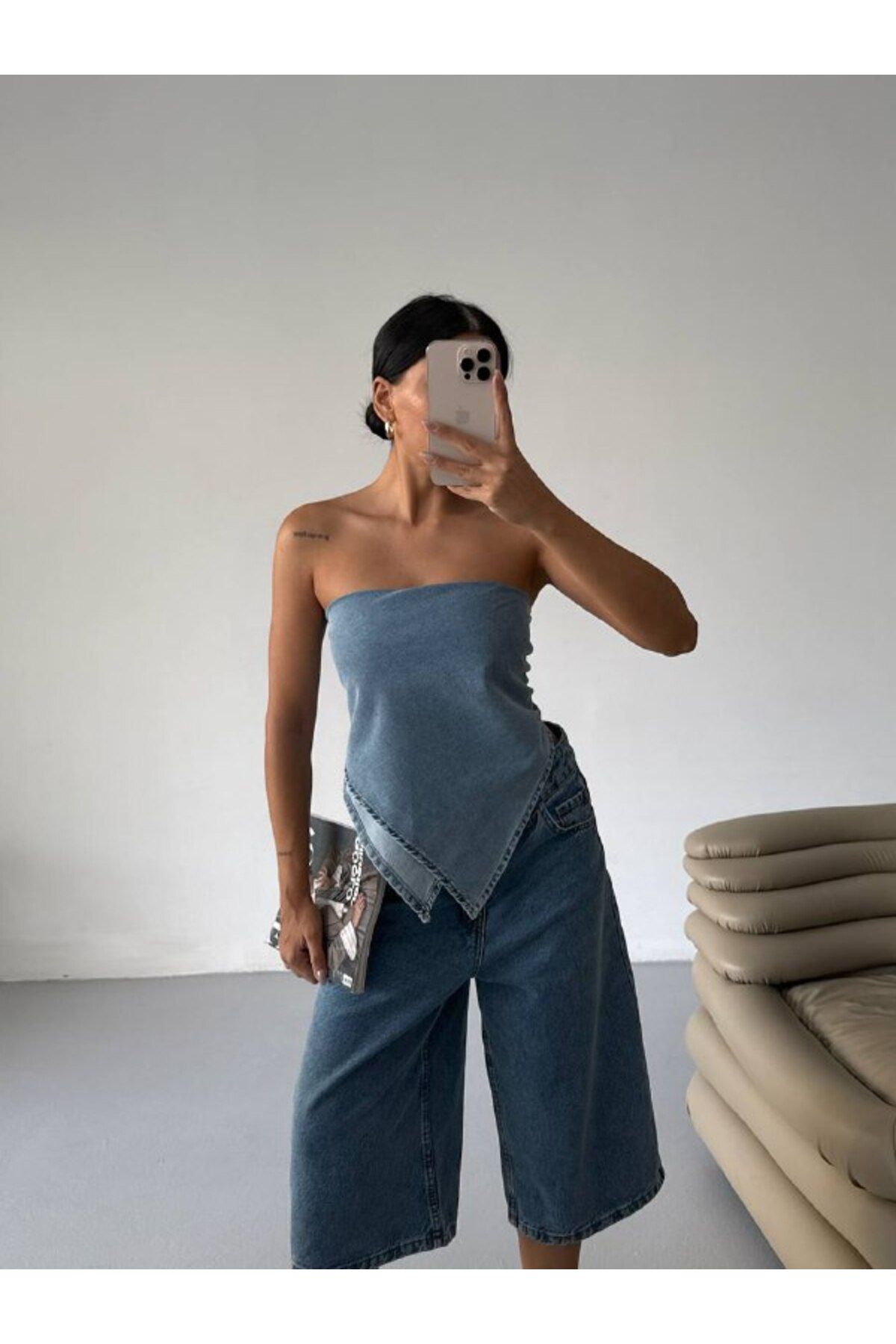 Castivo Fashion Straplez Denim Crop Bluz