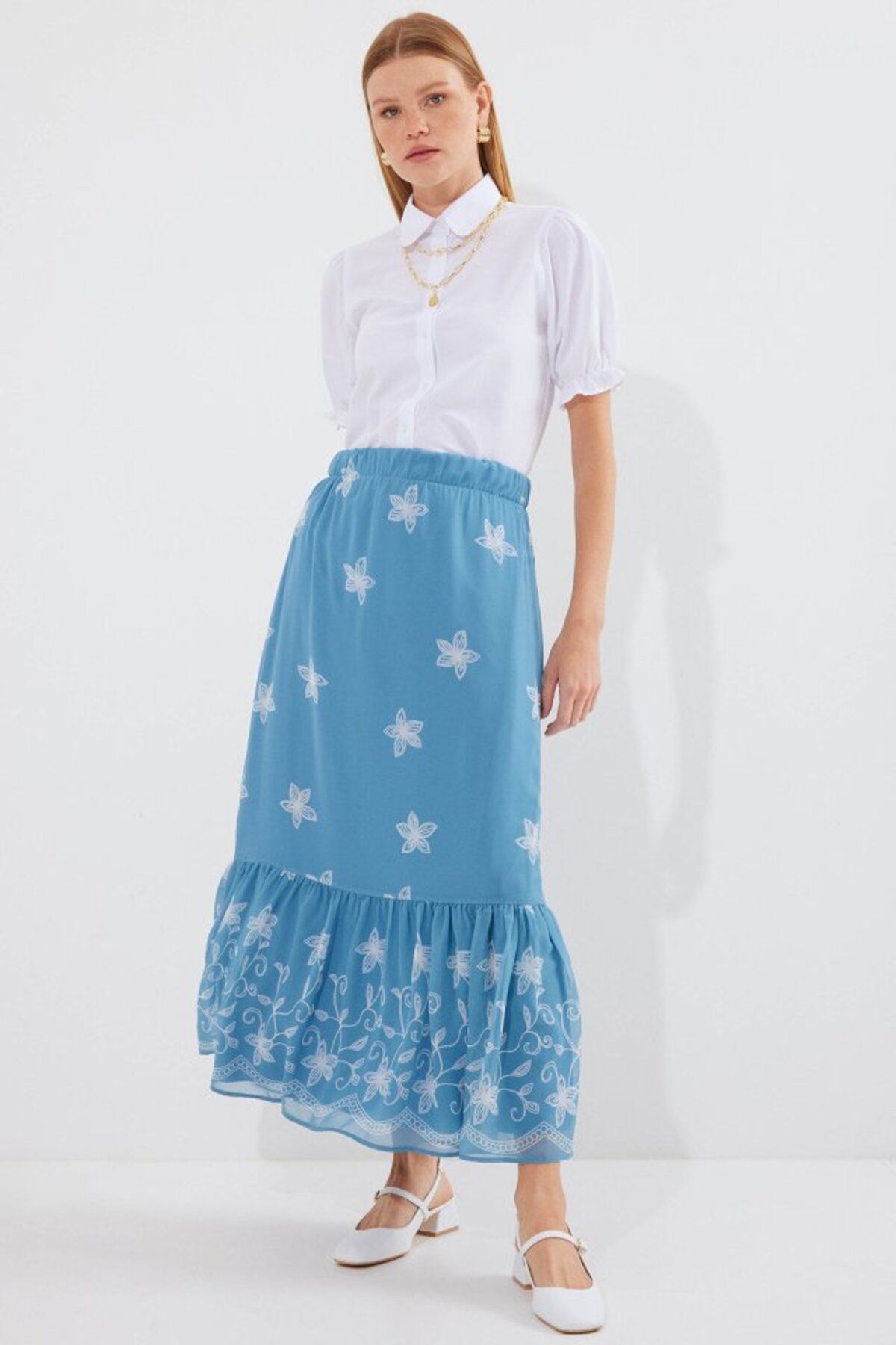 ETİLER COLLECTION 8010 Desenli Şifon Etek - İndigo