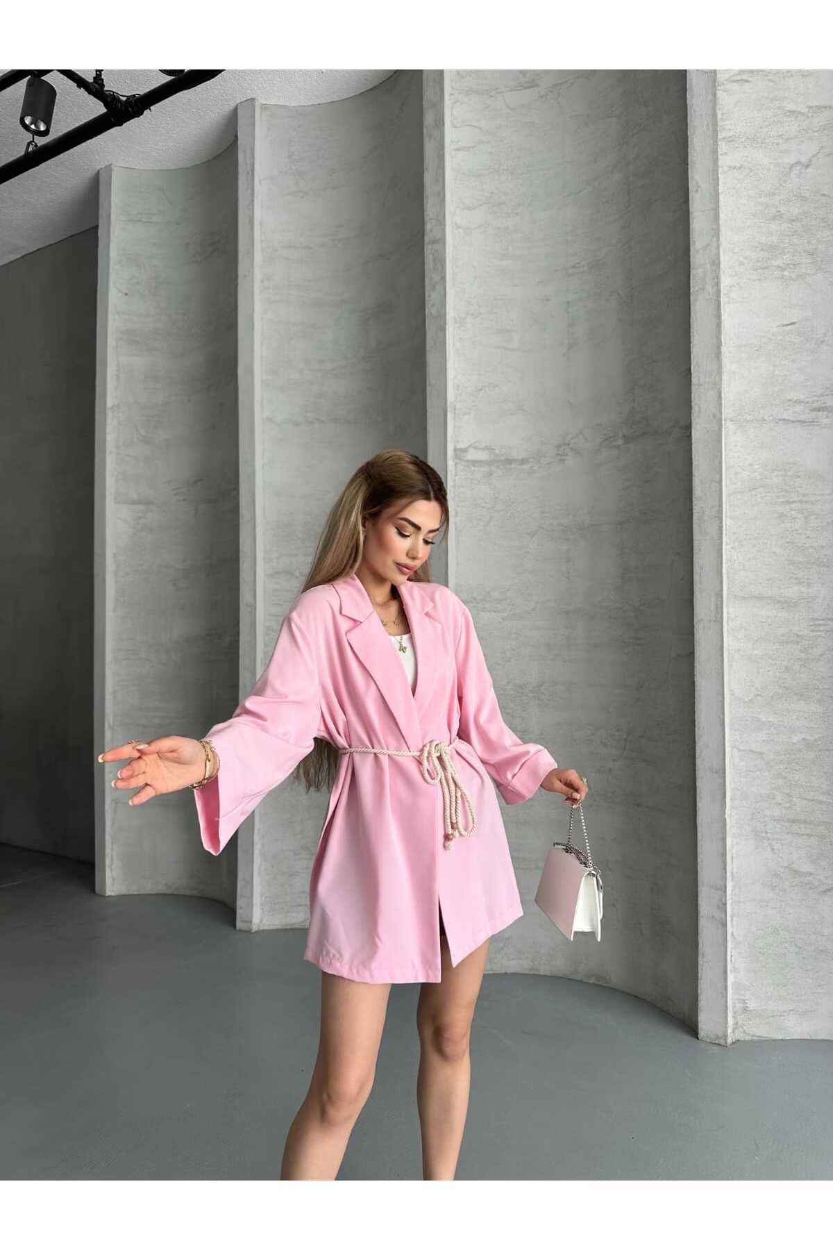 Lovely butik KADIN KUŞAK DETAYLI POLİVİSKON UZUN CEKET