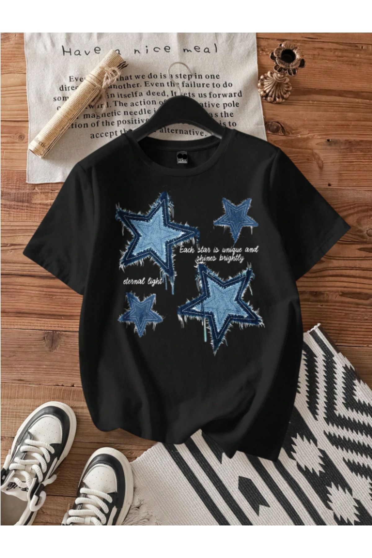 Framgan Kadın/Erkek YILDIZ Özel Baskılı Günlük Kısa Kol Bisiklet Yaka Pamuklu T-Shirt