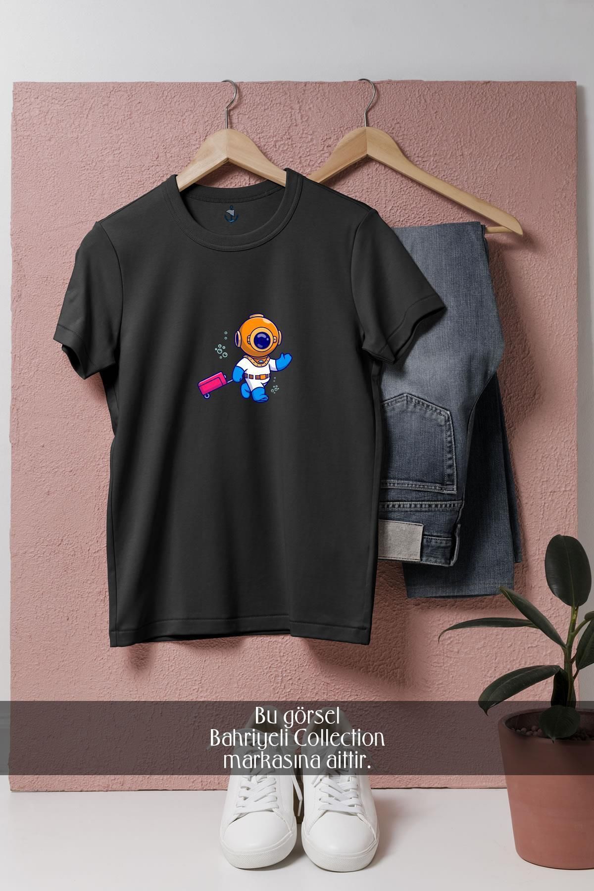 Bahriyeli Collection Oversize Valiz Ve Mini Dalgıç Tasarımlı Unisex T-Shirt