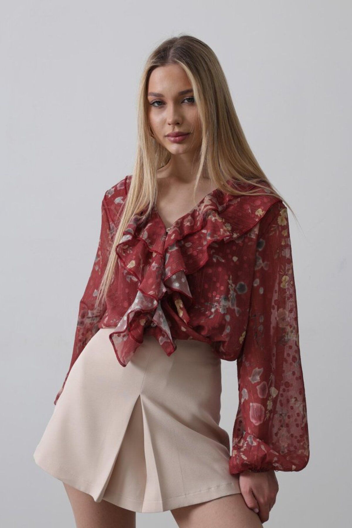 ETİLER COLLECTION Volanlı Çiçek Desen Şifon Gömlek - Bordo