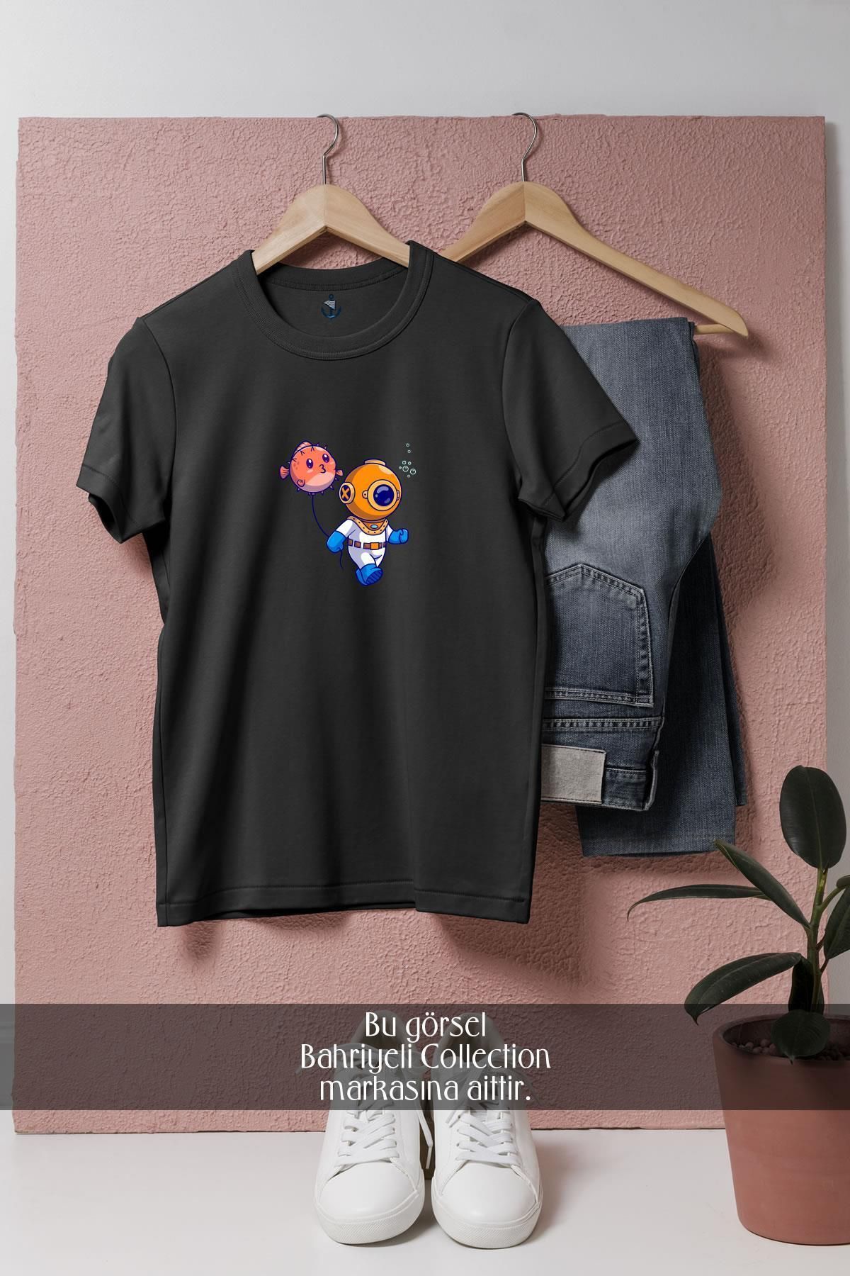 Bahriyeli Collection Oversize Balon Balığı Ve Mini Dalgıç Tasarımlı Unisex T-Shirt