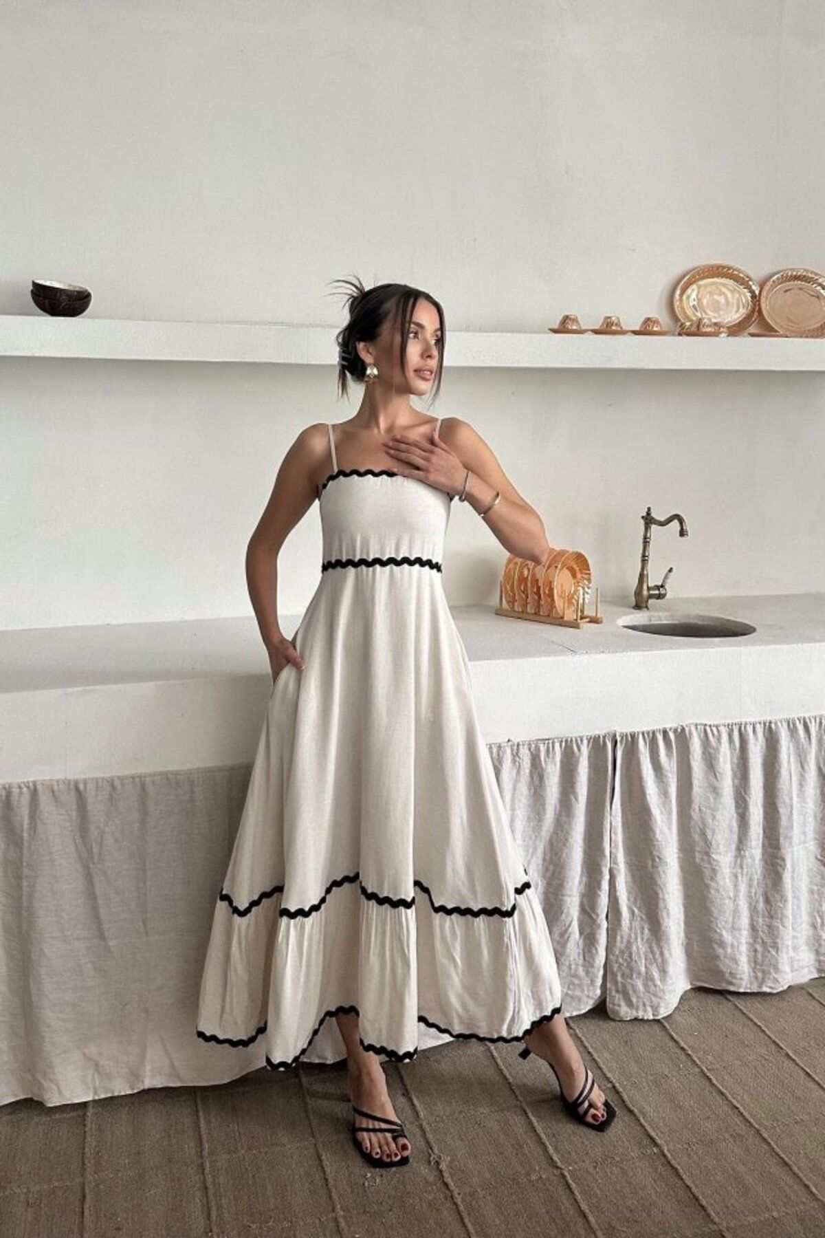 ETİLER COLLECTION Bej Şerit Detay Keten Elbise