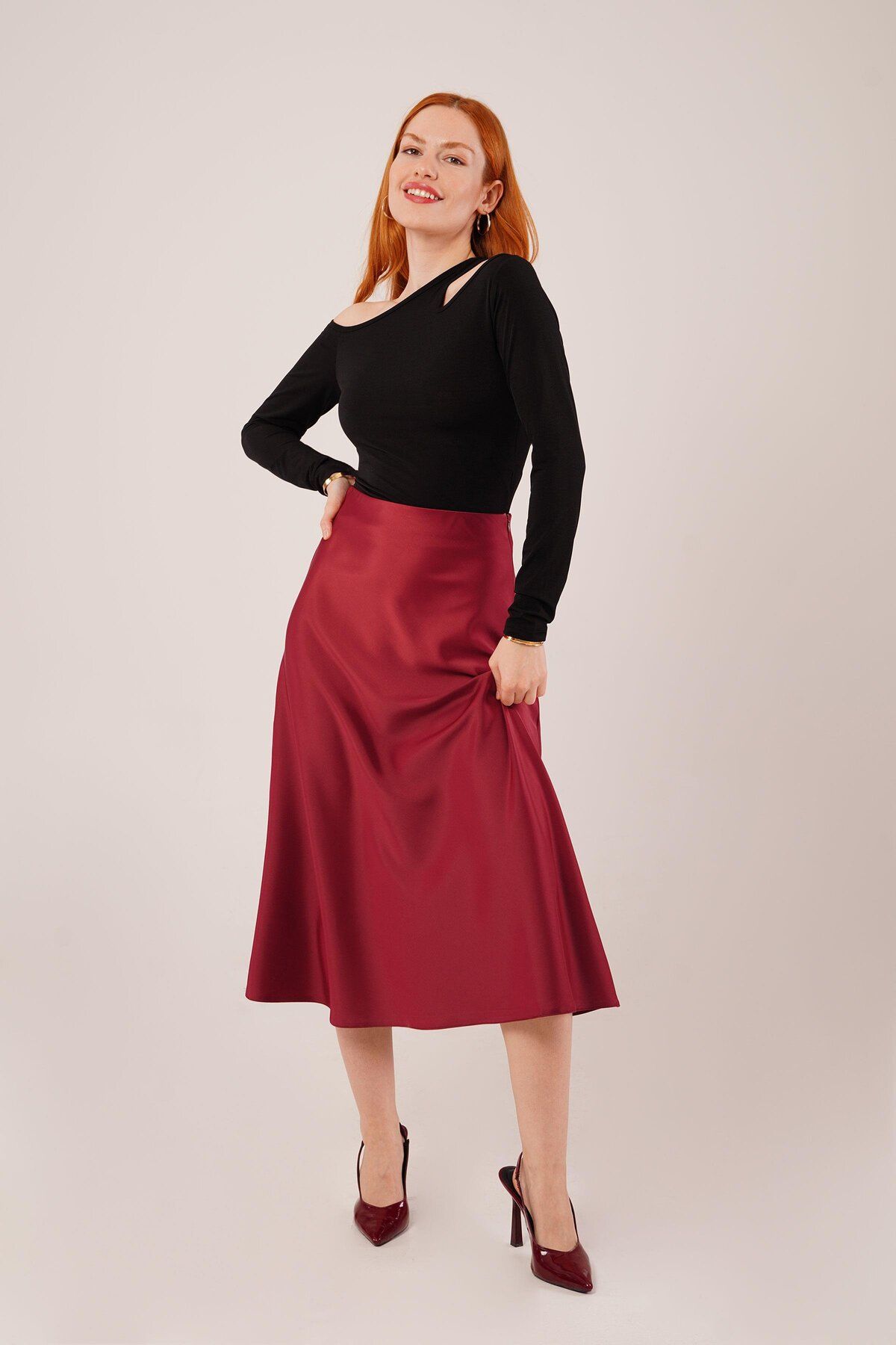 ETİLER COLLECTION Çan Kesim Midi Bordo Saten Etek