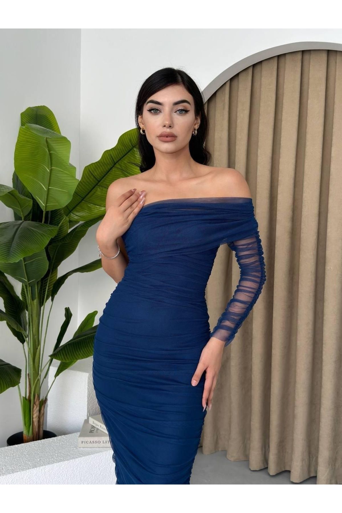 ETİLER COLLECTION Polack Tek Omuz Tül Elbise