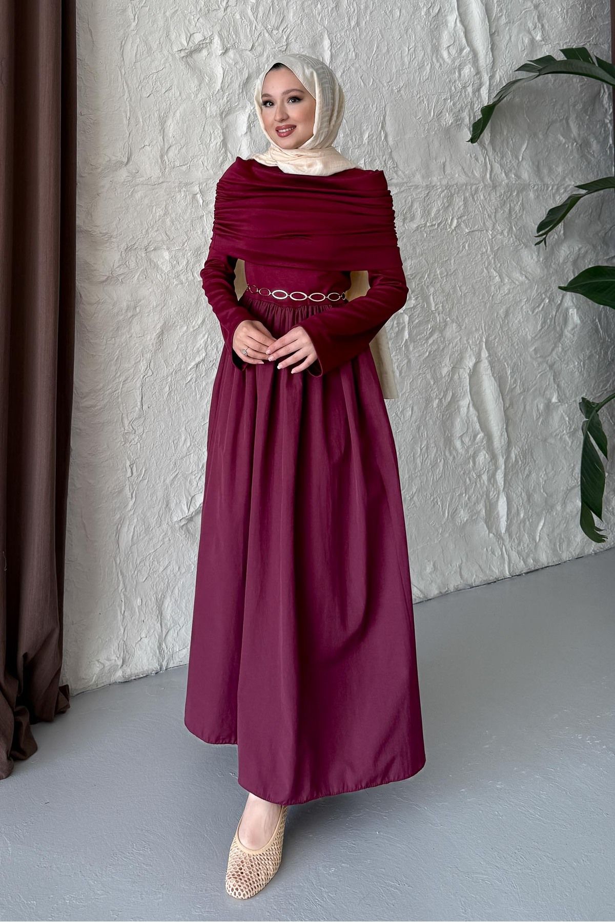 Rimel Moda Rüya Büzgülü Elbise Bordo
