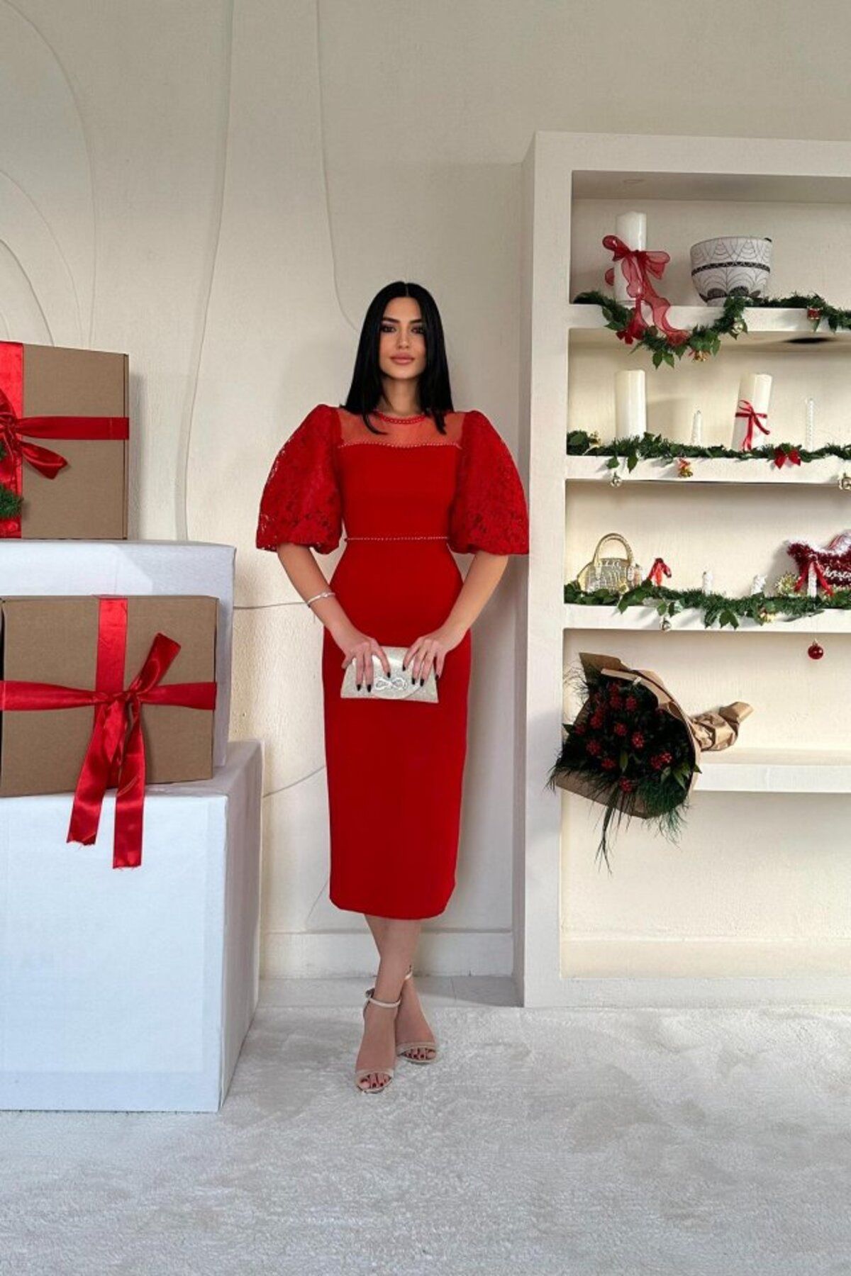 ETİLER COLLECTION Kırmızı İncili Tül Detay Elbise