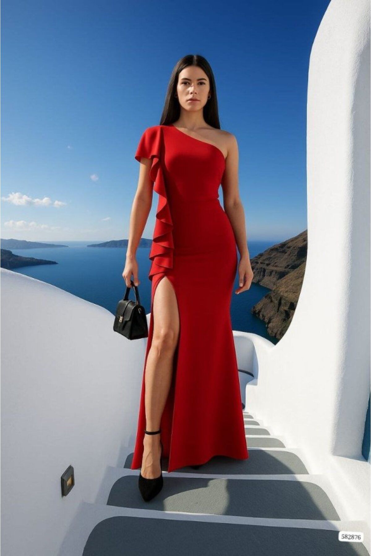 ETİLER COLLECTION Kadın Dalgıç Kumaş Tek Omuz Askılı Yırtmaç Detaylı Maxi Boy Elbise