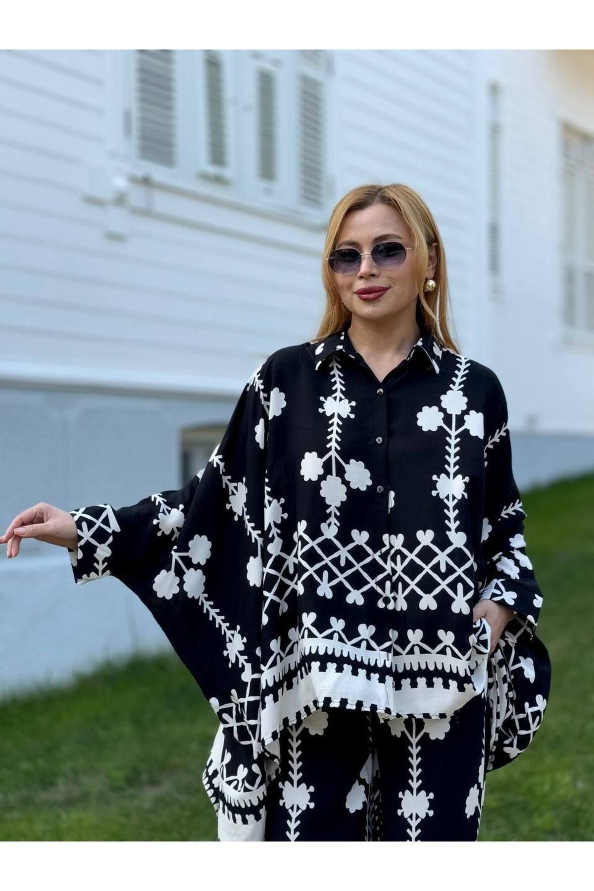Castivo Fashion Desenli Salaş Gömlek ve Bol Paça Pantolon 2’li Takım