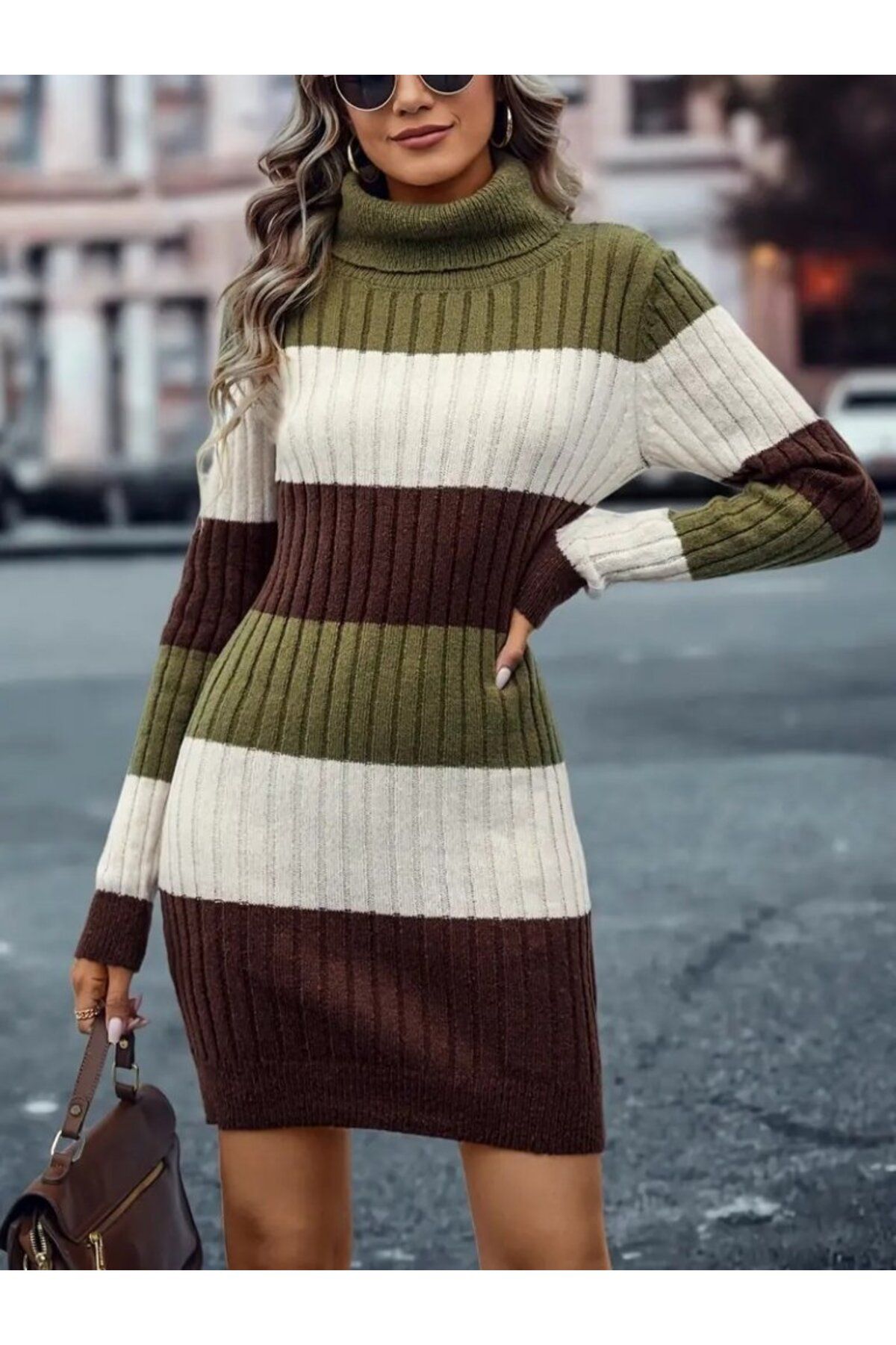 ETİLER COLLECTION Kadın Uzun Kollu Balıkçı Yaka üç Renk Triko Mini Elbise