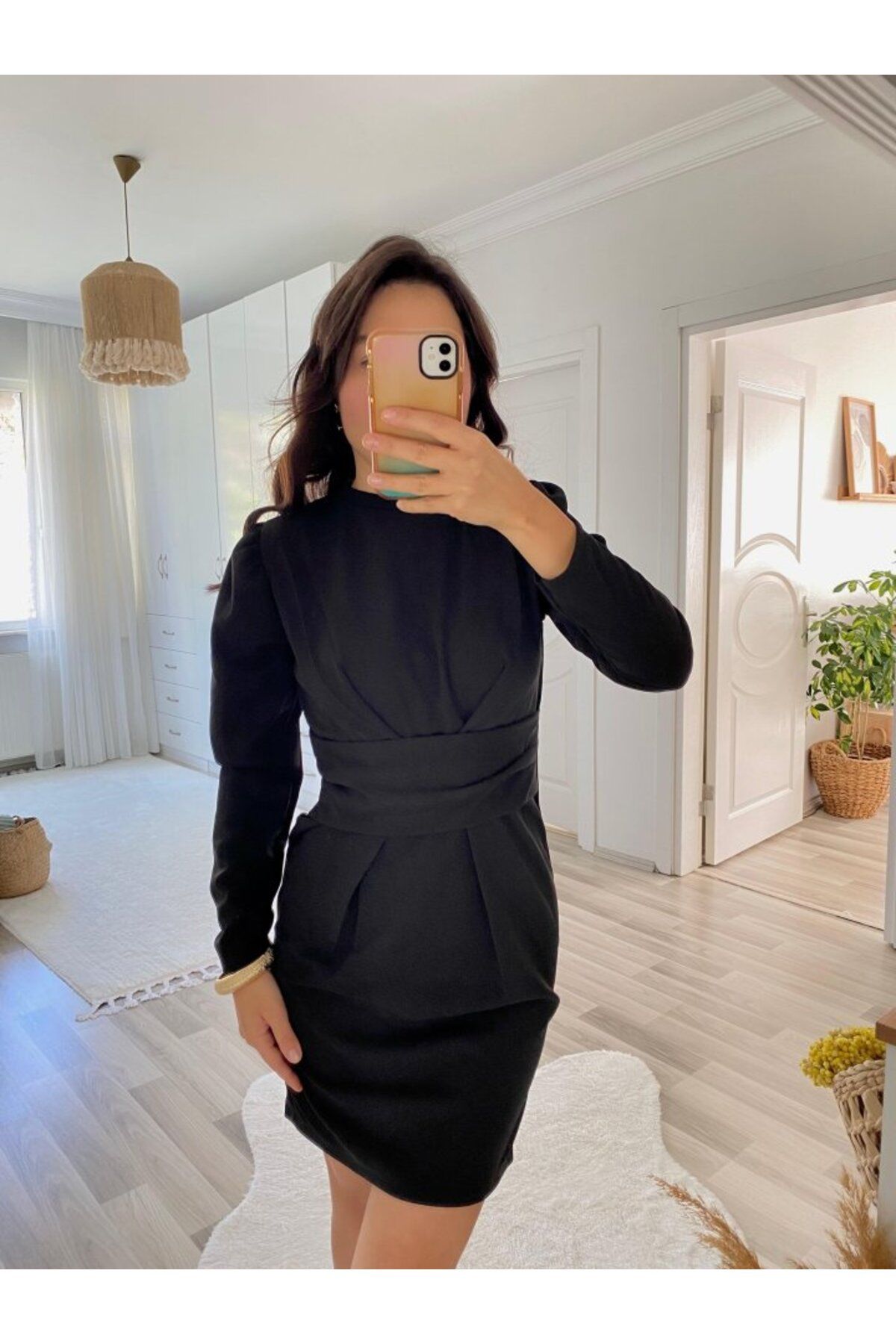 ETİLER COLLECTION Kadın Uzun Kollu Bisiklet Yaka Bel Kemer Detay Ithal Krep Elbise