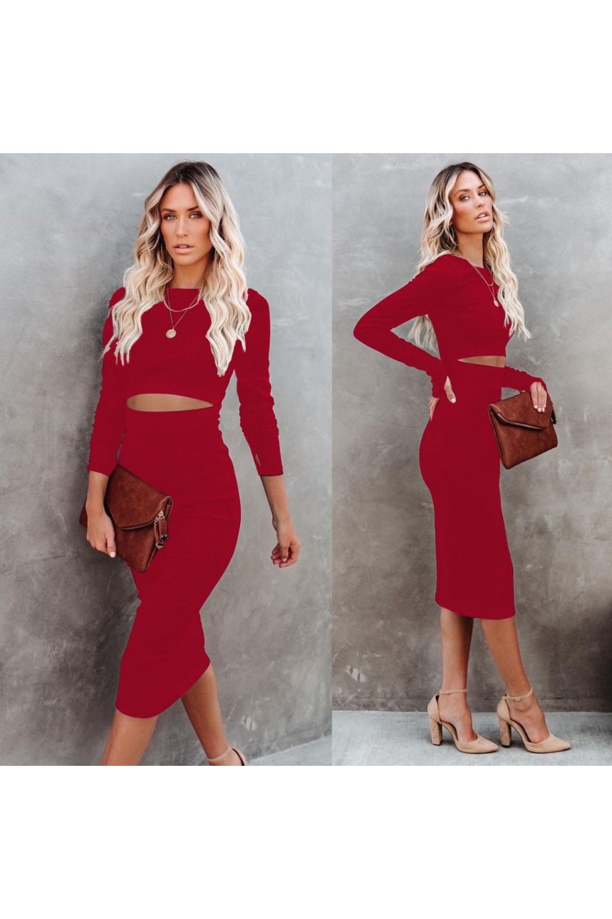 ETİLER COLLECTION Kadın Uzun Kollu Bisiklet Yaka Bel Dekolteli Krep Midi Boy Elbise