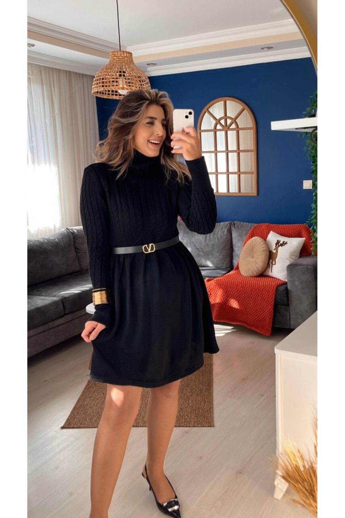 ETİLER COLLECTION Kadın Uzun Kollu Balıkçı Yaka Belden Yaka Belden Büzgülü Kısa Triko Elbise