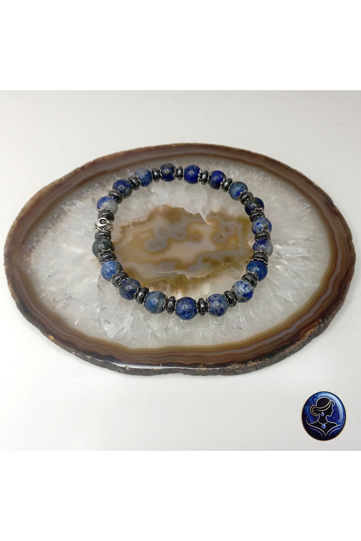 Lapisya Doğal Taş 6 mm Küre Lapis Lazuli ve Hematit Doğal Taş Kadın - Erkek Unisex Bileklik