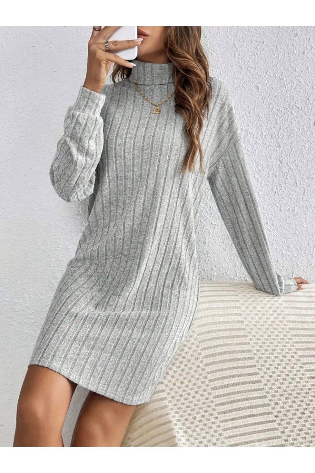 ETİLER COLLECTION Kadın Uzun Kollu Balıkçı Yaka Kısa şardonlu Kaşkorse Elbise