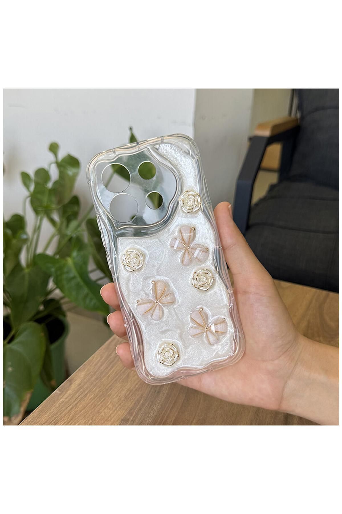 Pro Aksesuar Xiaomi Poco X6 Uyumlu Kılıf Kelebekli Floral Silikon Kılıf Gold