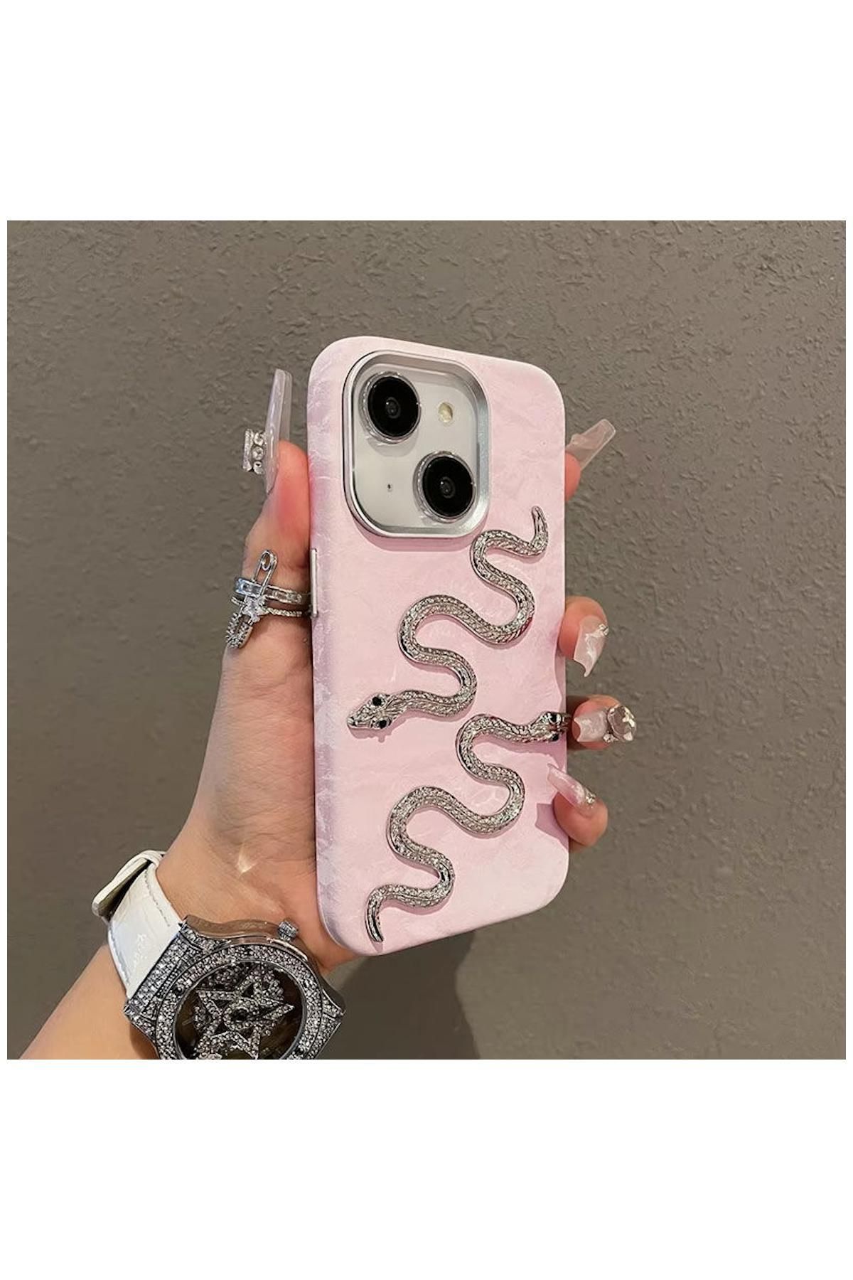 Pro Aksesuar Apple iPhone 13 Uyumlu Kılıf Yılanlı Kadife Kumaş Kılıf Pembe