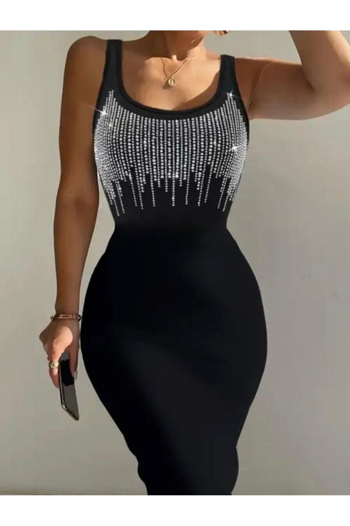 ETİLER COLLECTION Kadın Omuz Askılı U Yaka Taş Detay Midi Boy Elbise