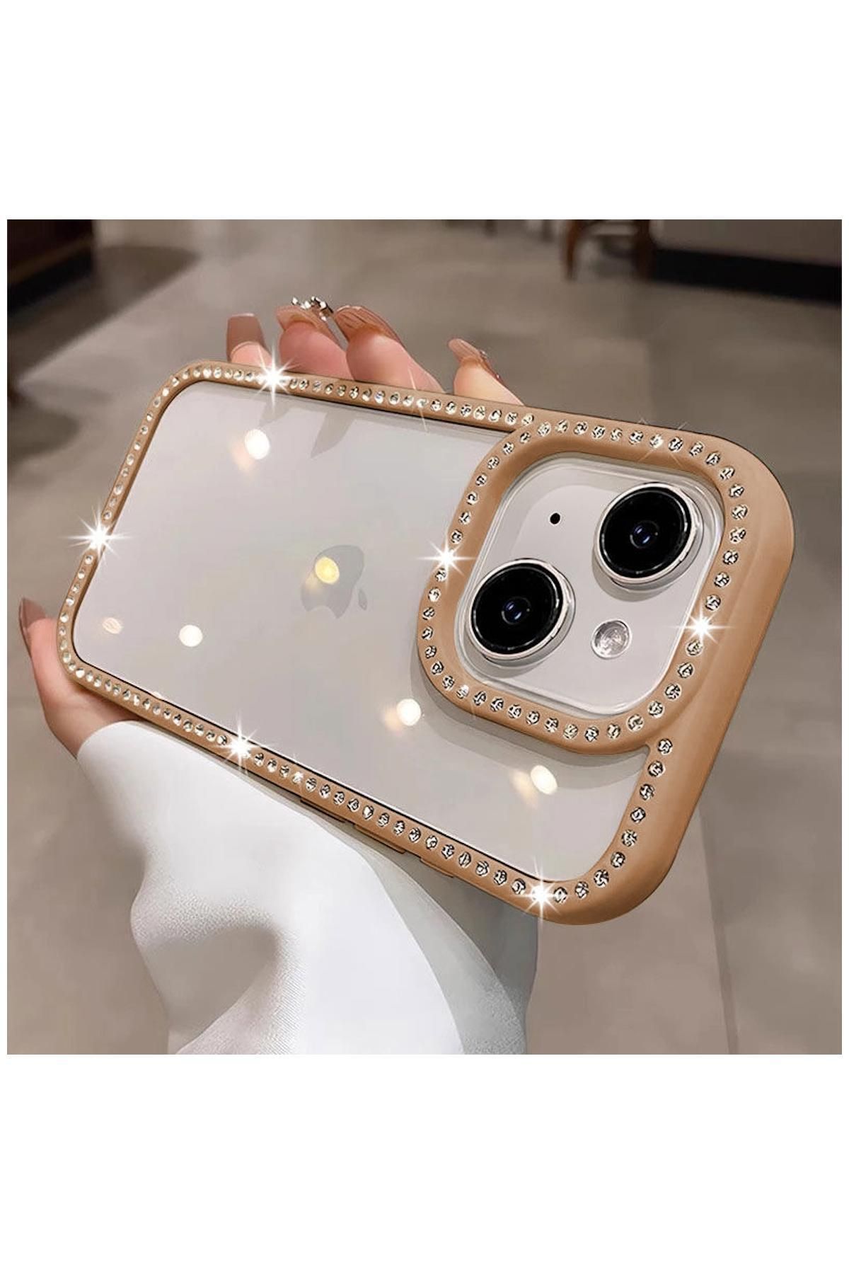 Pro Aksesuar Apple iPhone 13 Uyumlu Kılıf Parıltılı Diamond Silikon Kılıf Desert Titanyum