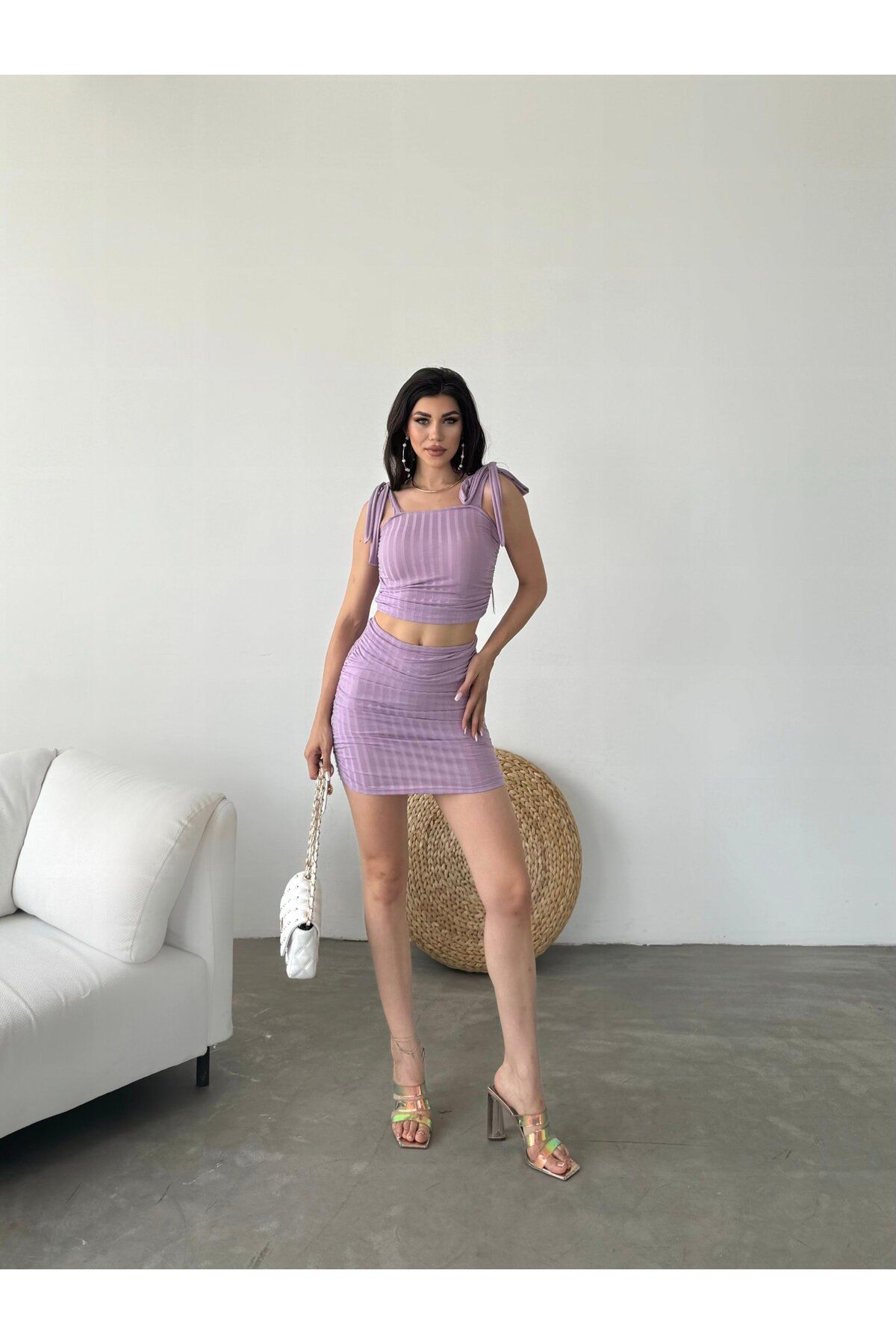 BEEMU Bağcık Detaylı Crop Bluz Ve Etek İkili Takım