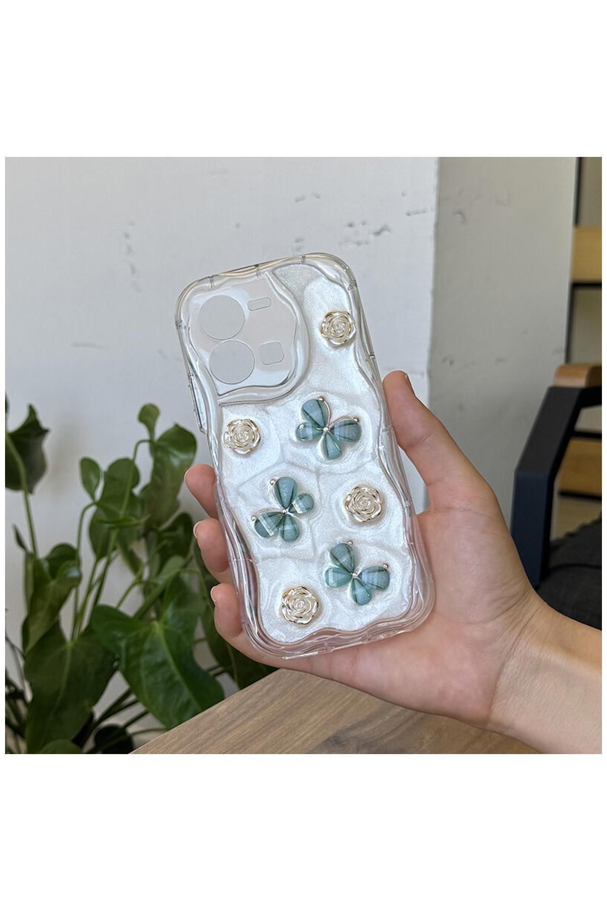 Pro Aksesuar Vivo Y22s Uyumlu Kılıf Kelebekli Floral Silikon Kılıf Yeşil