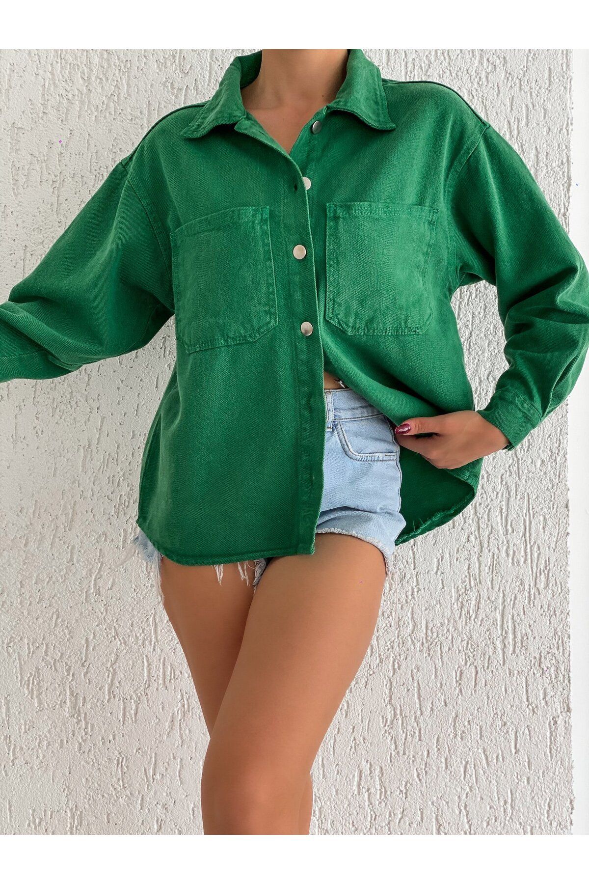 BEEMU Çift Cepli Oversize Denim Gömlek Ceket