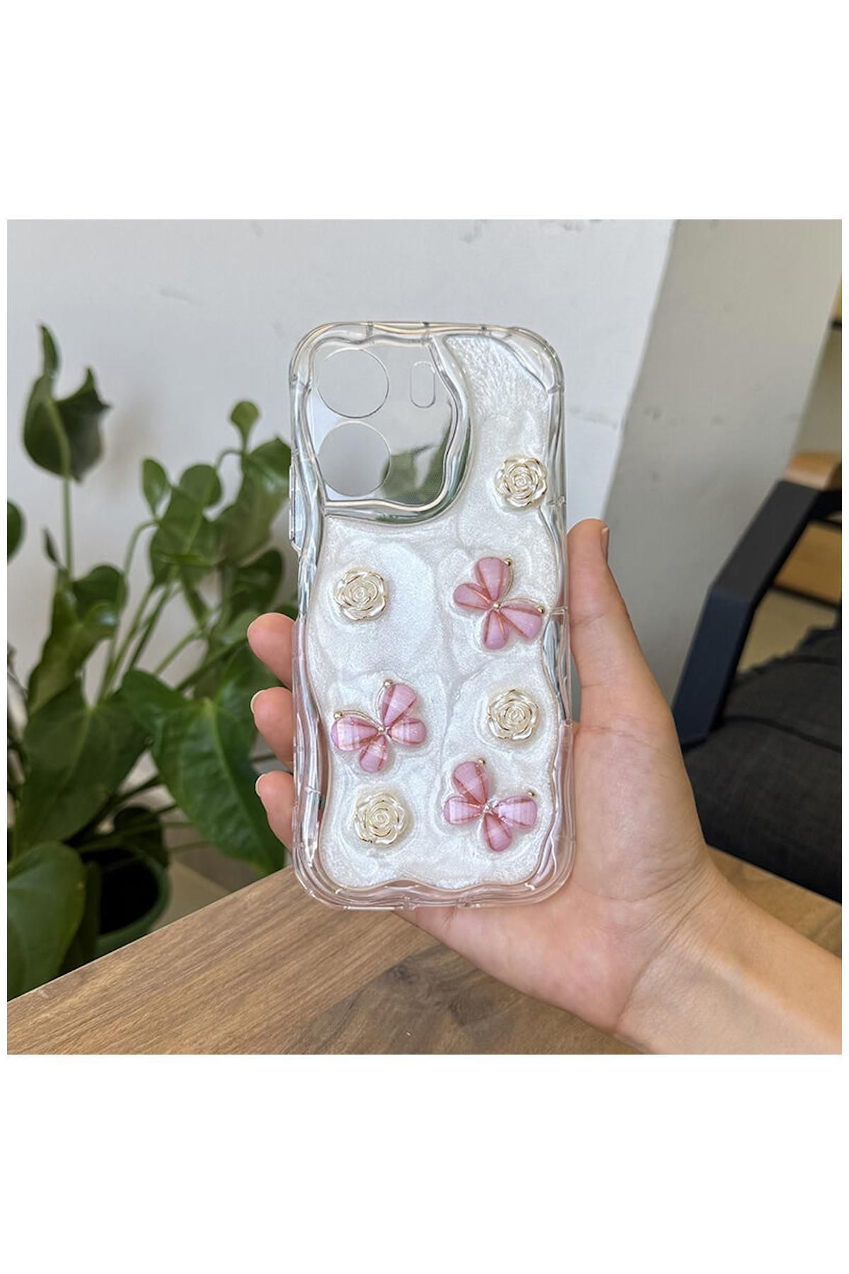 Pro Aksesuar Vivo Y16 Uyumlu Kılıf Kelebekli Floral Silikon Kılıf Rose Gold