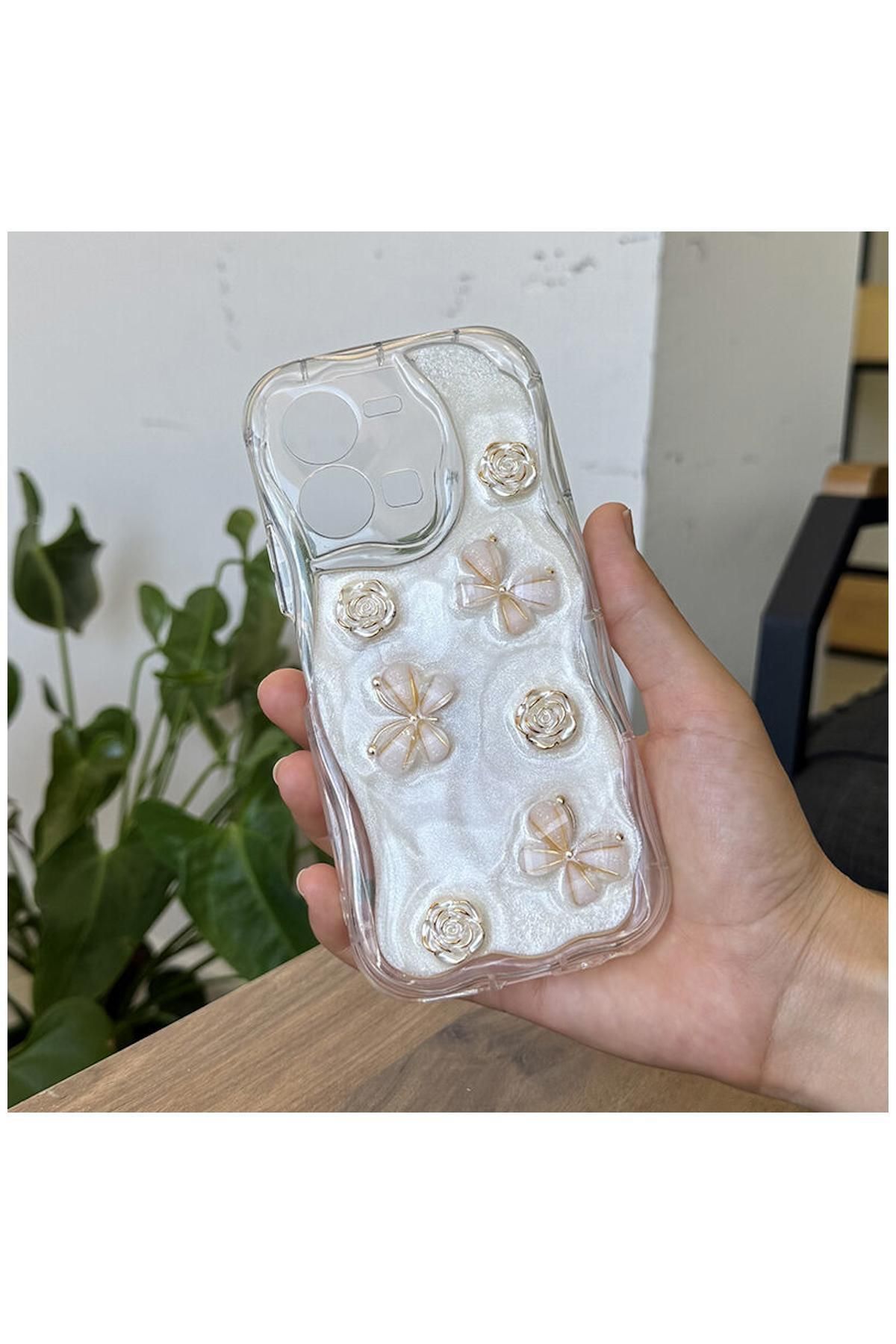 Pro Aksesuar Vivo Y35 Uyumlu Kılıf Kelebekli Floral Silikon Kılıf Gold