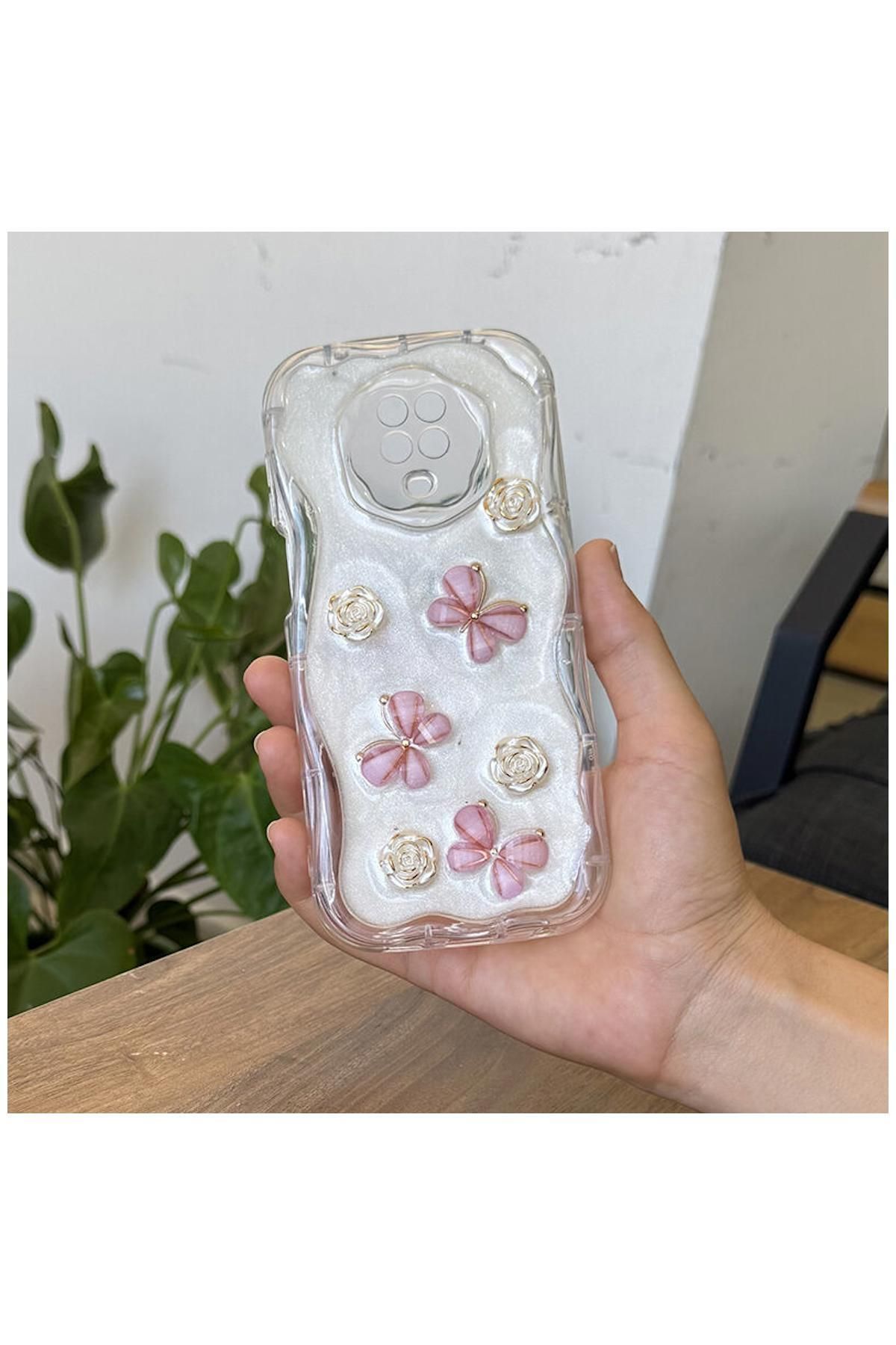 Pro Aksesuar Xiaomi Redmi Note 9 Pro Uyumlu Kılıf Kelebekli Floral Silikon Kılıf Rose Gold