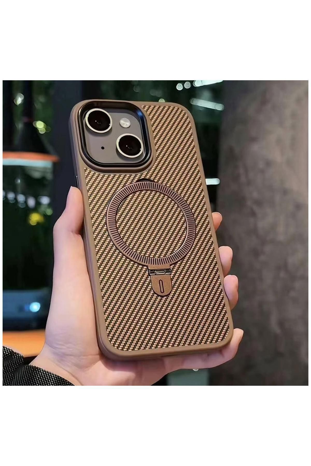 Pro Aksesuar Apple iPhone 13 Uyumlu Kılıf Best Karbon Fiber Kılıf (Kablosuz Şarj Destekli) Kahverengi