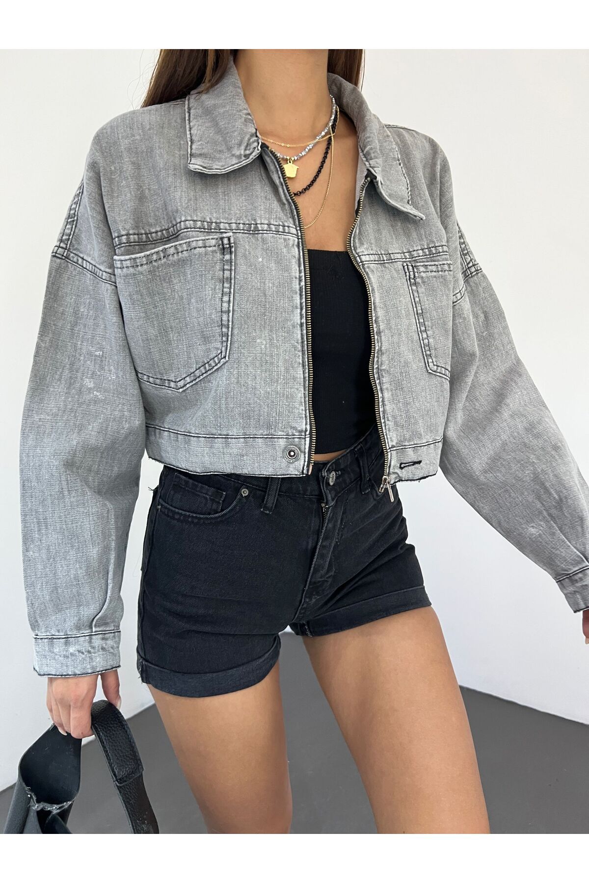 BEEMU Fermuarlı Çift Cepli Denim Ceket