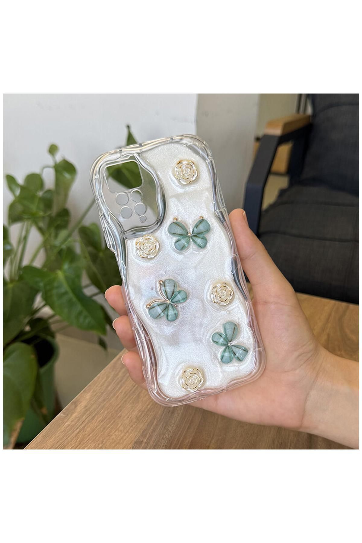Pro Aksesuar Xiaomi Redmi Note 11 Pro Uyumlu Kılıf Kelebekli Floral Silikon Kılıf Yeşil