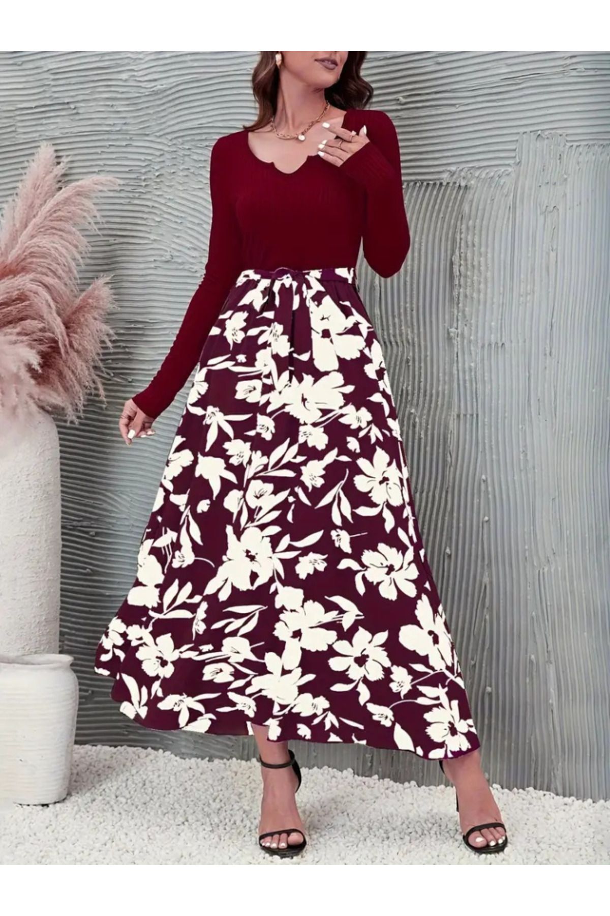 ETİLER COLLECTION Kadın Uzun Kollu Yaka Açık üst Kaşkorse Beli Kuşaklı Alt çiçek Baskılı Dalgıç Elbise