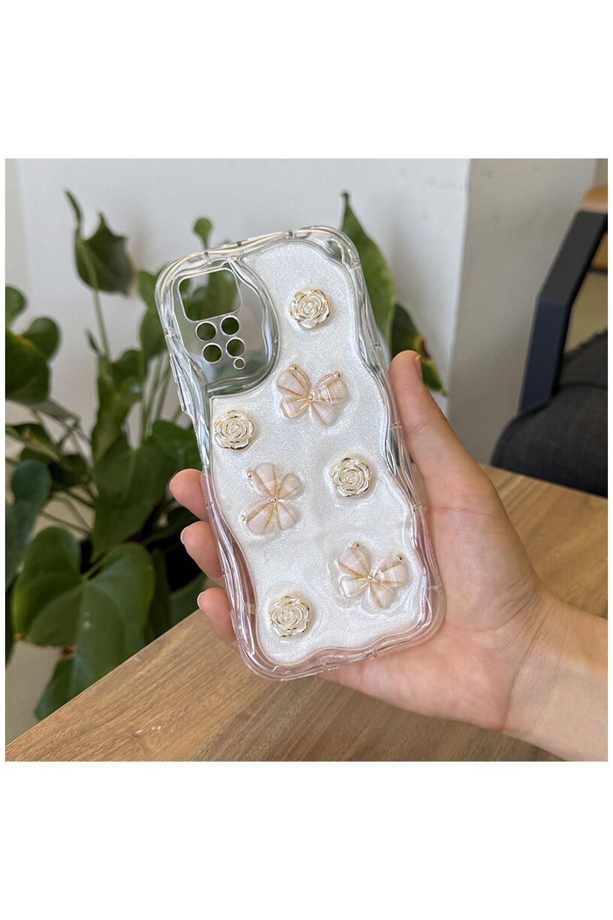 Pro Aksesuar Xiaomi Redmi Note 11 Pro Uyumlu Kılıf Kelebekli Floral Silikon Kılıf Gold