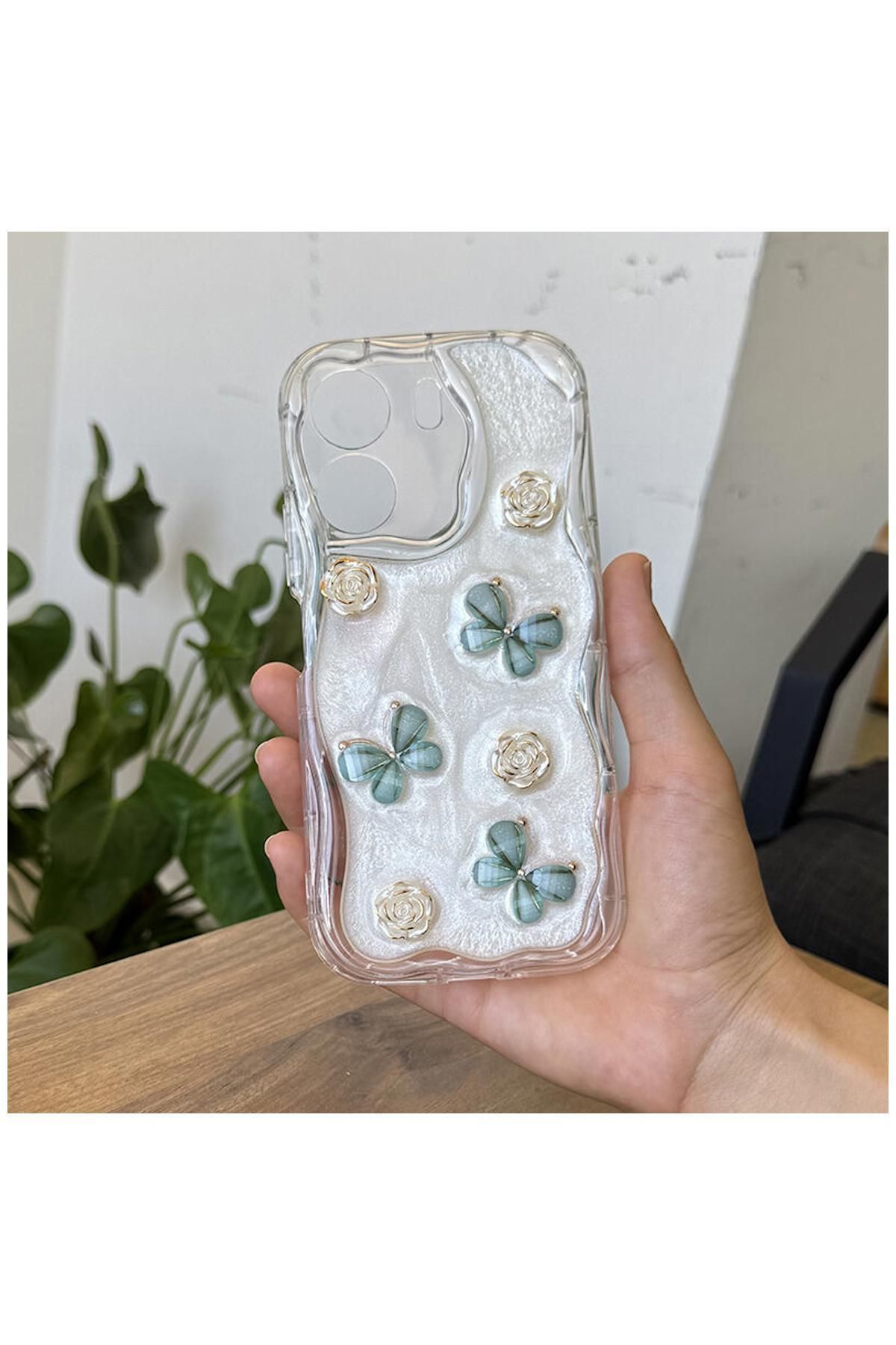 Pro Aksesuar Vivo Y16 Uyumlu Kılıf Kelebekli Floral Silikon Kılıf Yeşil