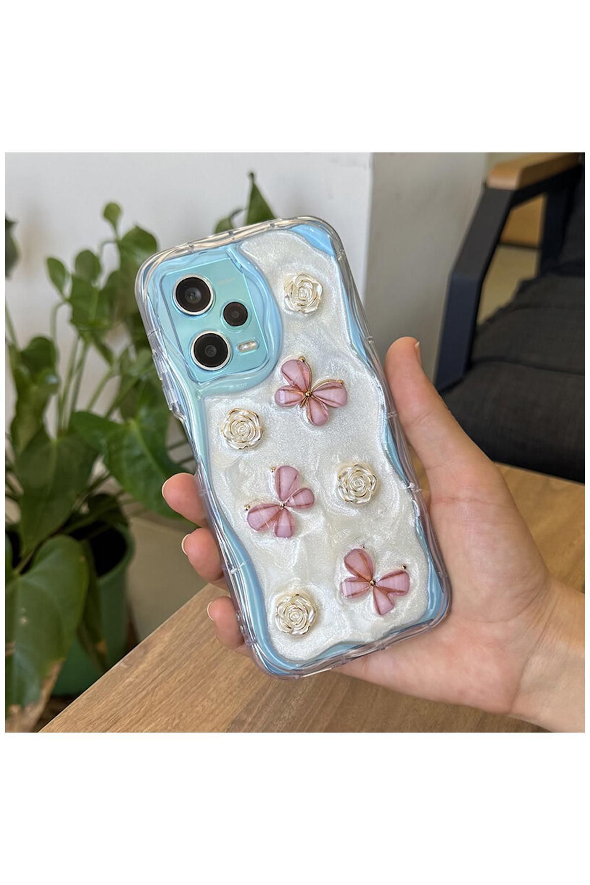 Pro Aksesuar Xiaomi Redmi Note 12 Pro 5G Uyumlu Kılıf Kelebekli Floral Silikon Kılıf Rose Gold